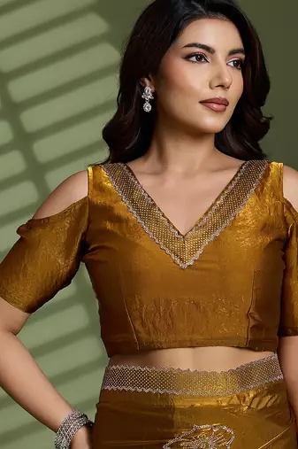 Gold silk blend satin embellished saree with unstitched blouse piece