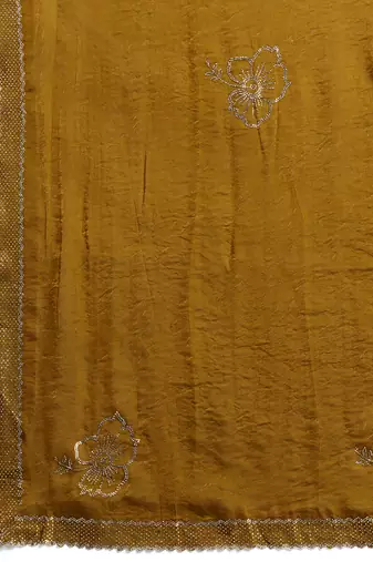Gold silk blend satin embellished saree with unstitched blouse piece