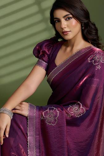 Wine silk satin embellished saree with unstitched blouse piece
