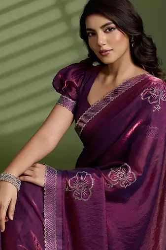 Wine silk satin embellished saree with unstitched blouse piece