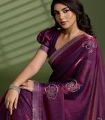 Wine silk blend satin embellished saree with unstitched blouse piece