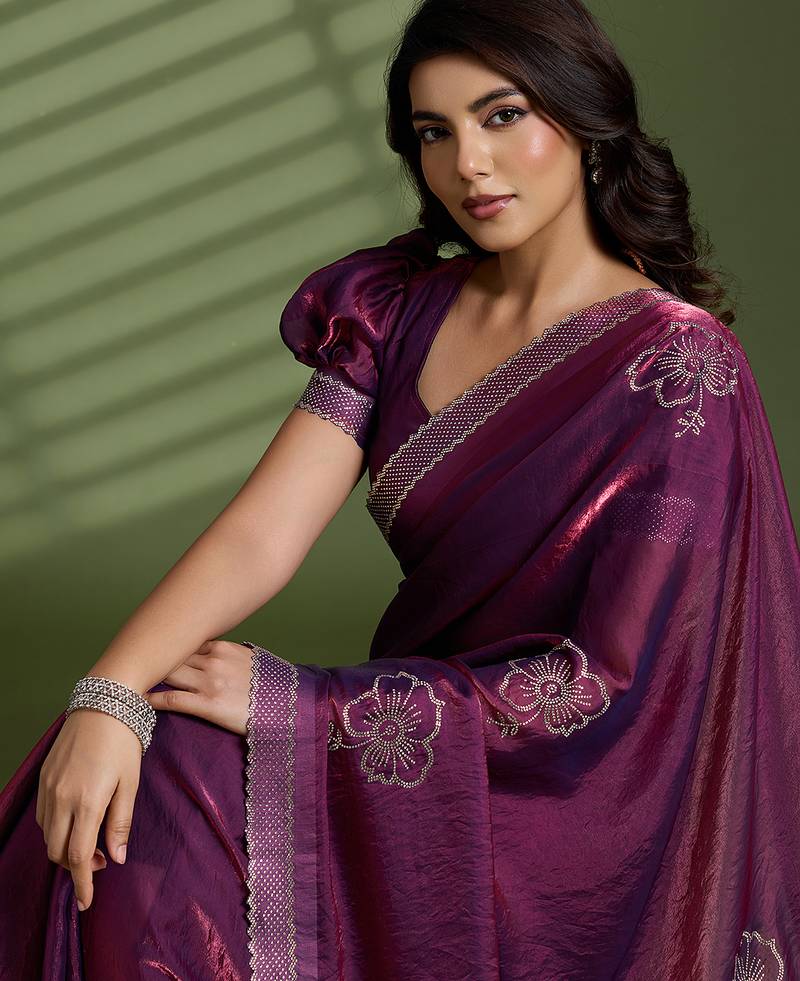 Wine silk satin embellished saree with unstitched blouse piece