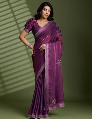 Wine silk blend satin embellished saree with unstitched blouse piece 2