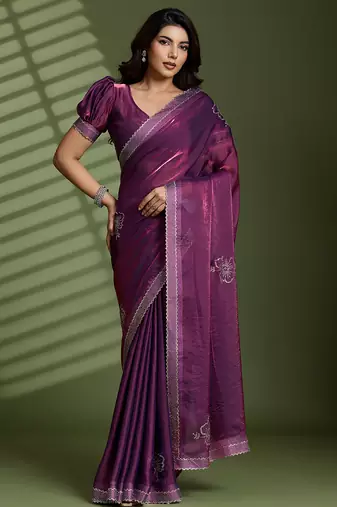 Wine silk blend satin embellished saree with unstitched blouse piece