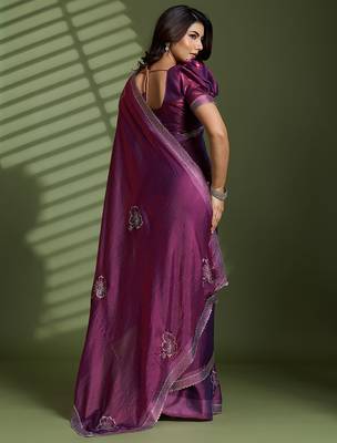 Wine silk blend satin embellished saree with unstitched blouse piece 3