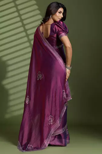 Wine silk blend satin embellished saree with unstitched blouse piece