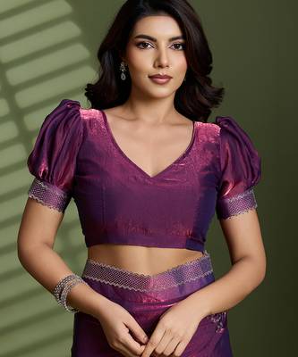 Wine silk blend satin embellished saree with unstitched blouse piece 4