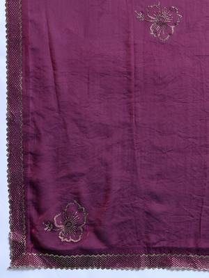 Wine silk blend satin embellished saree with unstitched blouse piece 5