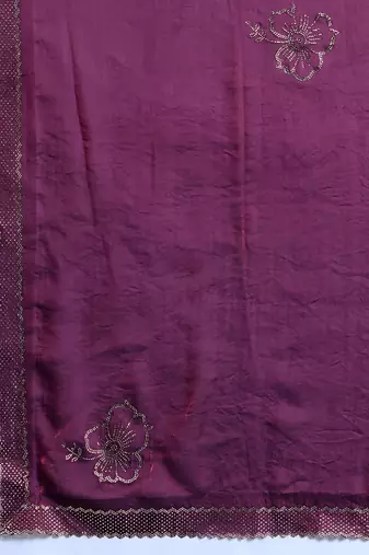Wine silk blend satin embellished saree with unstitched blouse piece