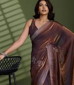 Brown silk blend satin embellished saree with unstitched blouse piece