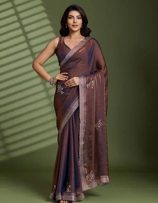Brown silk blend satin embellished saree with unstitched blouse piece 2