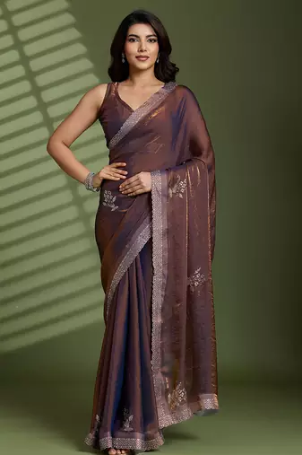 Brown silk blend satin embellished saree with unstitched blouse piece
