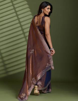 Brown silk blend satin embellished saree with unstitched blouse piece 3
