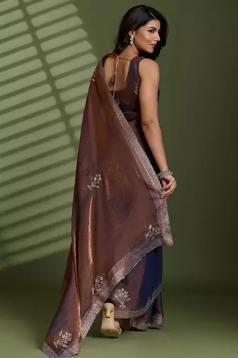 Brown silk blend satin embellished saree with unstitched blouse piece