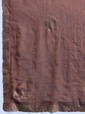 Brown silk blend satin embellished saree with unstitched blouse piece 5