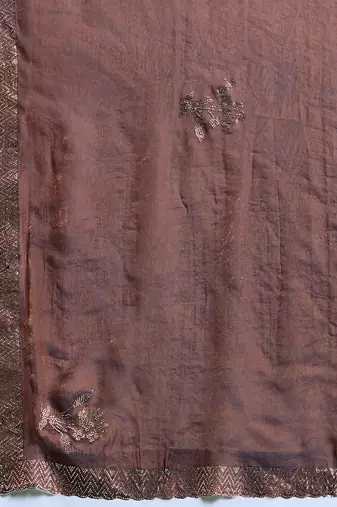 Brown silk blend satin embellished saree with unstitched blouse piece