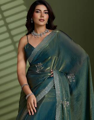 Green silk blend satin embellished saree with unstitched blouse piece 1