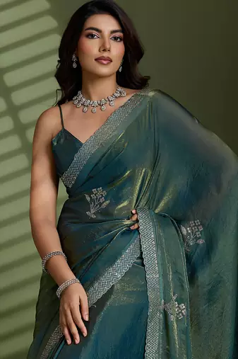 Green silk satin embellished saree with unstitched blouse piece