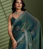 Green silk blend satin embellished saree with unstitched blouse piece
