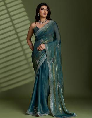 Green silk blend satin embellished saree with unstitched blouse piece 2