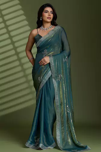 Green silk blend satin embellished saree with unstitched blouse piece