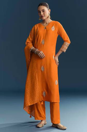 Orange Cotton Silk Embroidery Sequence Work Salwar Suit Dupatta Set