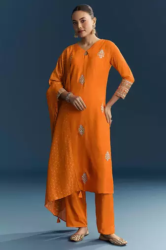 Orange Cotton Silk Embroidery Sequence Work Salwar Suit Dupatta Set