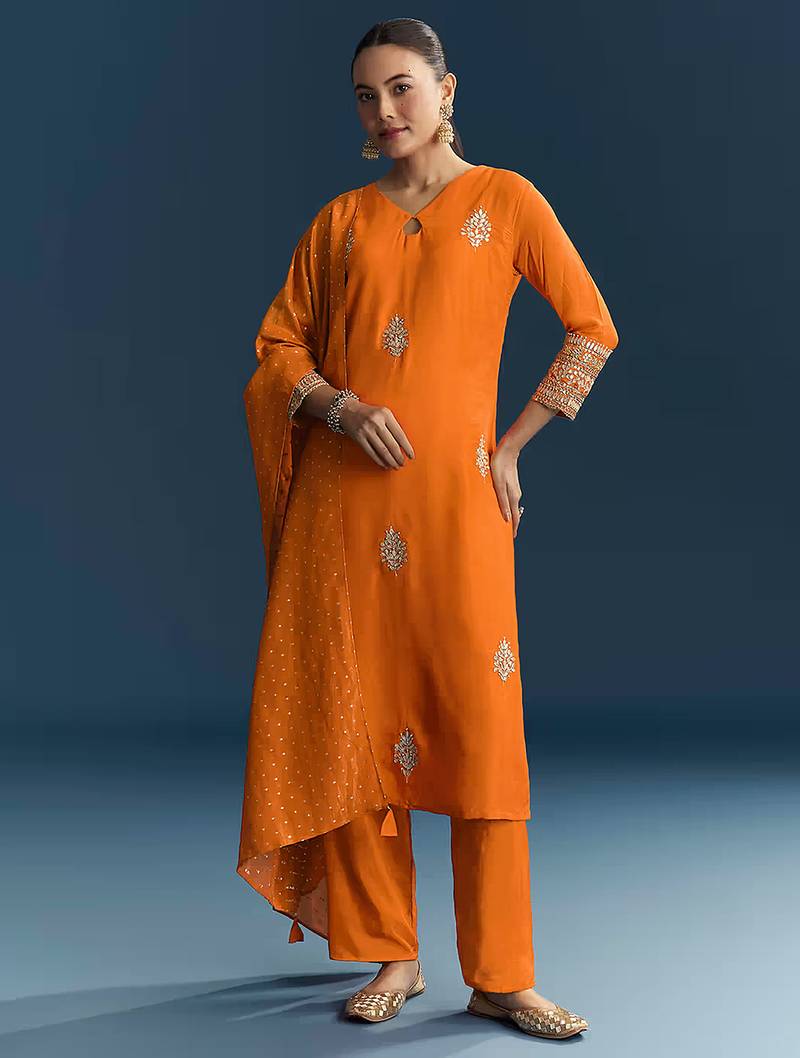 Orange Cotton Silk Embroidery Sequence Work Salwar Suit Dupatta Set