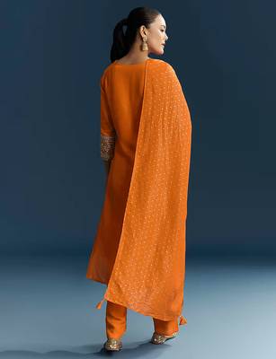 Orange Cotton Silk Embroidery Sequence Work Salwar Suit Dupatta Set 2