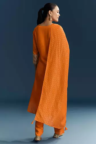 Orange Cotton Silk Embroidery Sequence Work Salwar Suit Dupatta Set