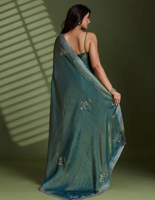 Green silk blend satin embellished saree with unstitched blouse piece 3