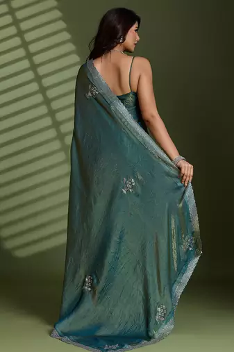 Green silk blend satin embellished saree with unstitched blouse piece