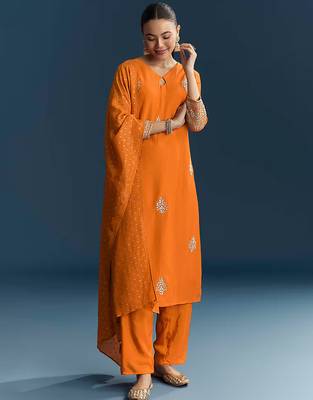 Orange Cotton Silk Embroidery Sequence Work Salwar Suit Dupatta Set 3