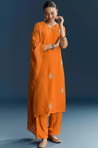Orange Cotton Silk Embroidery Sequence Work Salwar Suit Dupatta Set