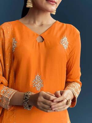 Orange Cotton Silk Embroidery Sequence Work Salwar Suit Dupatta Set 4