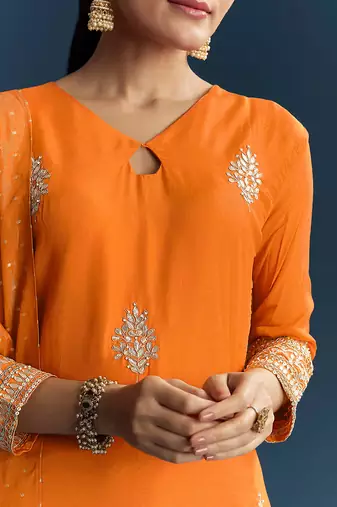 Orange Cotton Silk Embroidery Sequence Work Salwar Suit Dupatta Set