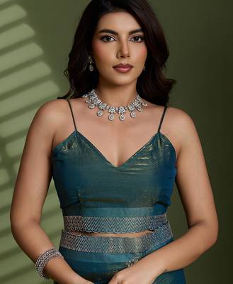 Green silk blend satin embellished saree with unstitched blouse piece 4