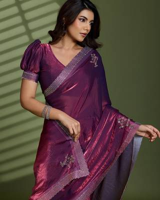 Wine silk blend satin embellished saree with unstitched blouse piece 1