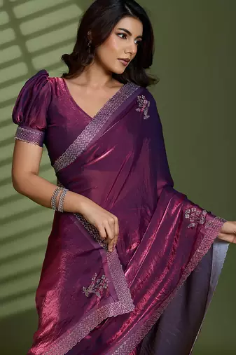 Wine silk satin embellished saree with unstitched blouse piece