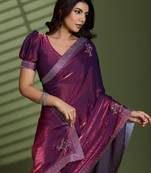 Wine silk blend satin embellished saree with unstitched blouse piece