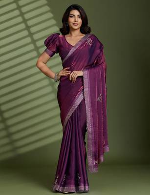 Wine silk blend satin embellished saree with unstitched blouse piece 2