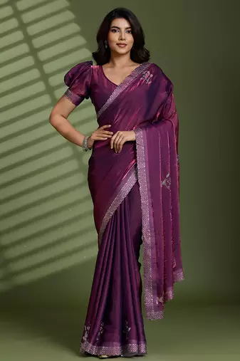 Wine silk blend satin embellished saree with unstitched blouse piece