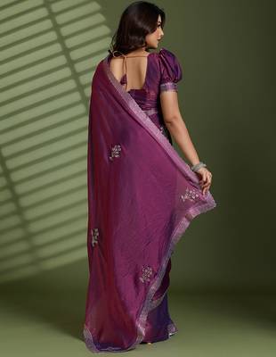 Wine silk blend satin embellished saree with unstitched blouse piece 3