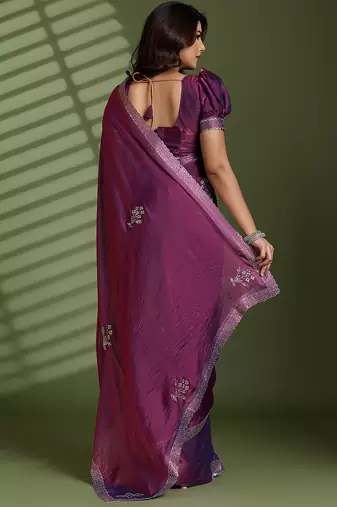 Wine silk blend satin embellished saree with unstitched blouse piece