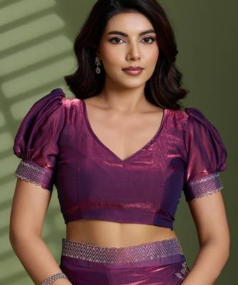 Wine silk blend satin embellished saree with unstitched blouse piece 4