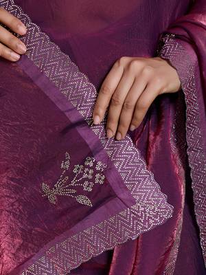Wine silk blend satin embellished saree with unstitched blouse piece 5