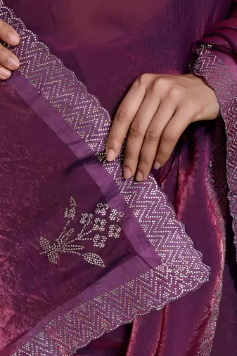 Wine silk blend satin embellished saree with unstitched blouse piece