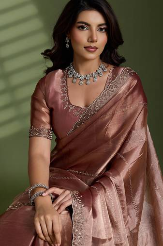Brown silk chiffon embellished saree with unstitched blouse piece
