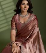 Brown silk blend chiffon embellished saree with unstitched blouse piece