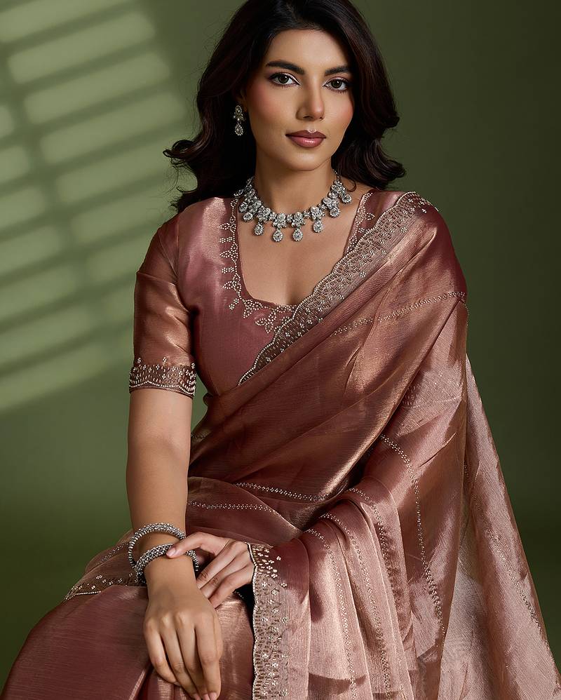 Brown silk chiffon embellished saree with unstitched blouse piece